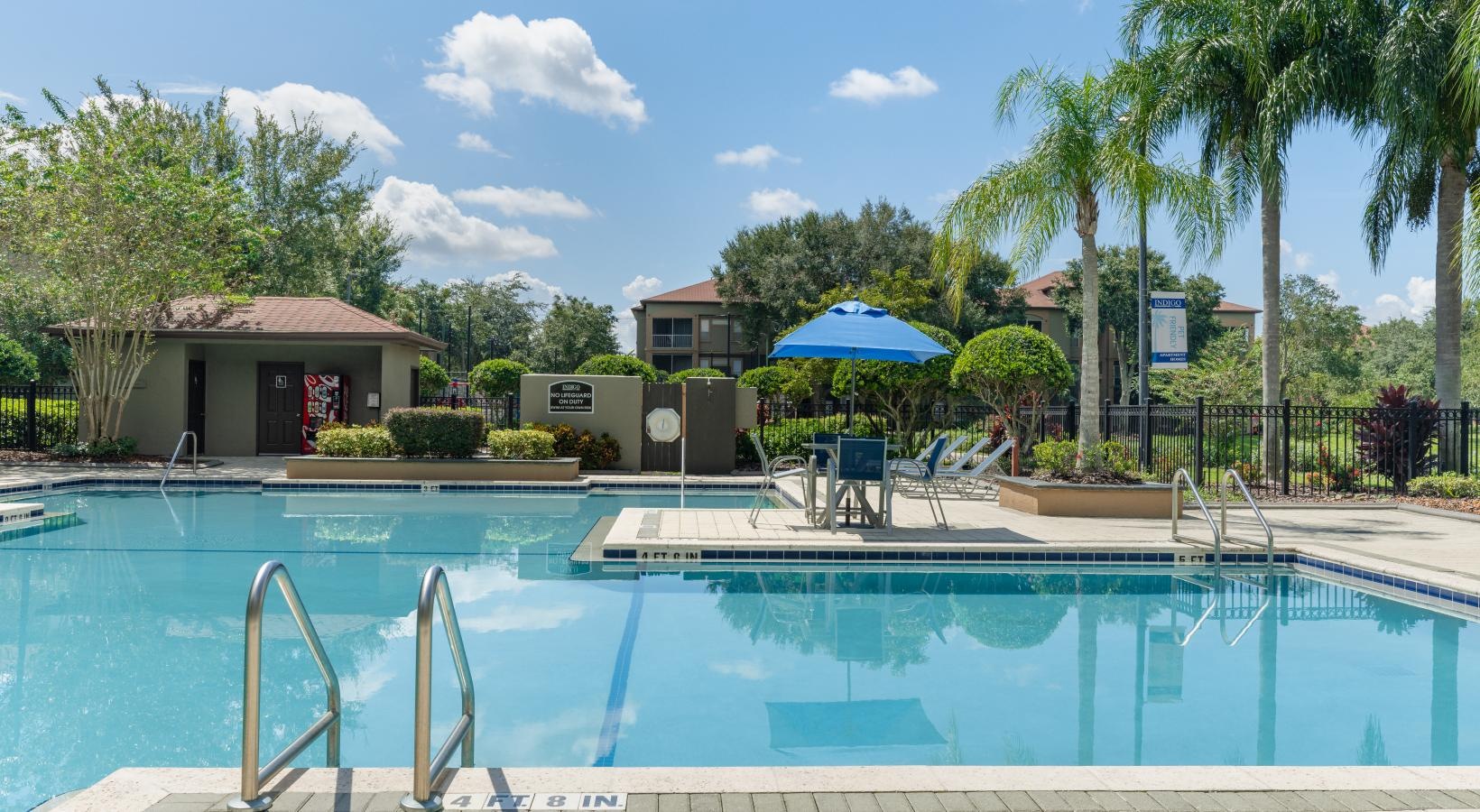 a pool with a deck and chairs by it and trees in the back